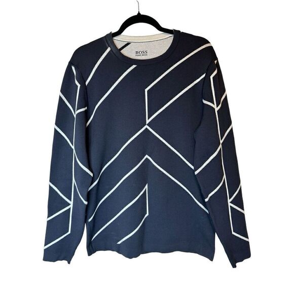 Hugo Boss Men's Black White Rone Cotton Blend Sweater Striped Logo Size M - Picture 1 of 6